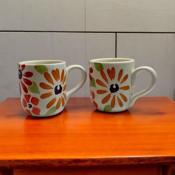 Set Of 2 Pier 1 "Flowers"‎ Earthenware Mugs/Cups Handpainted Summer Mod 12 oz - Picture 1 of 6